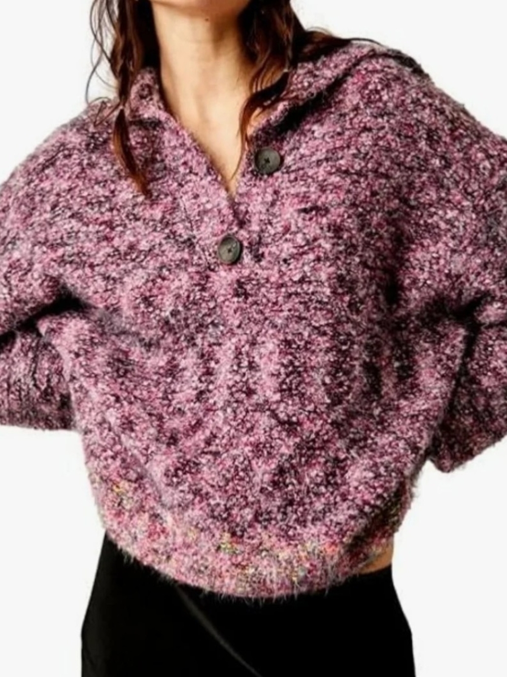 Free People Pink Heathered Bouclé Off-the-Shoulder Sweater with Buttons